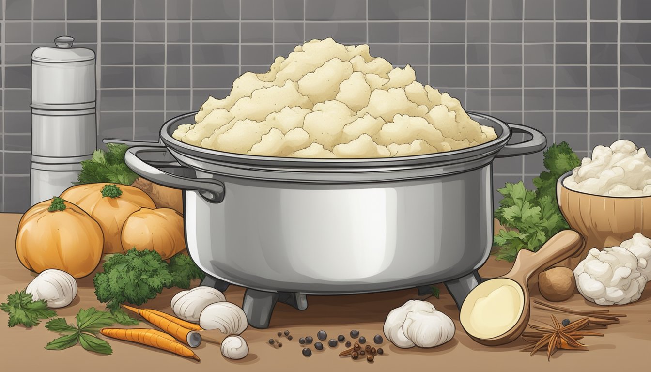 A steaming pot of mashed potatoes with various ingredients and spices laid out on a kitchen counter