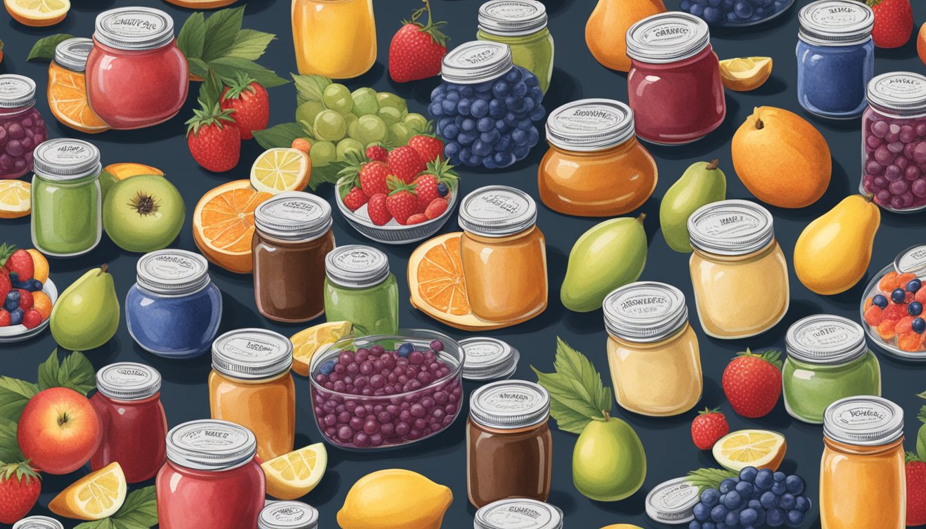 A table with jars of Smuckers and Welch's spreads, surrounded by scattered fruits and nutrition labels