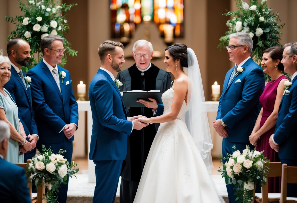 A bride and groom stand at the altar, surrounded by family and friends. A minister officiates the ceremony, as the couple exchanges vows and rings