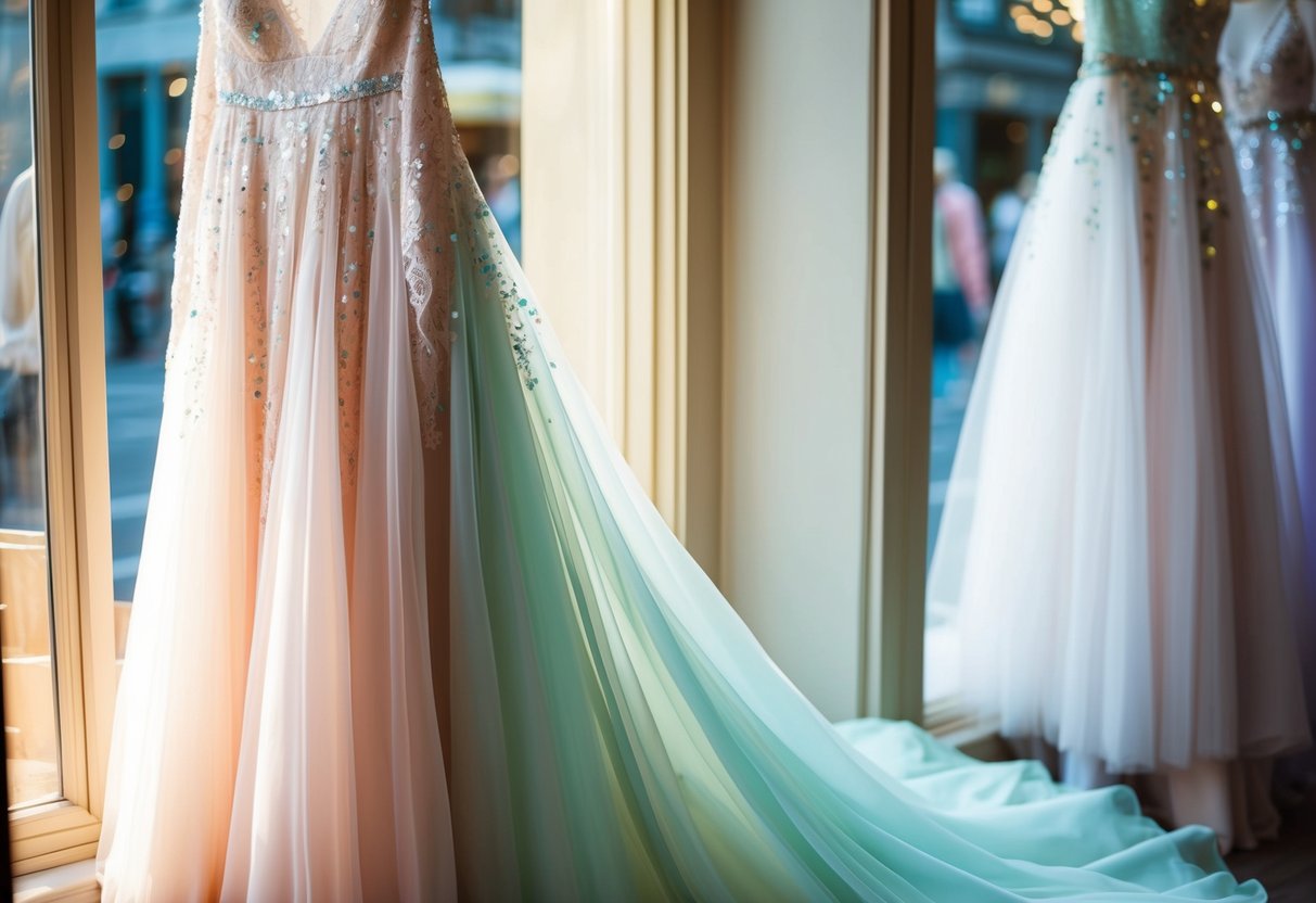 A flowing gown in a soft pastel hue, adorned with delicate lace and shimmering sequins, hangs in a sunlit boutique window