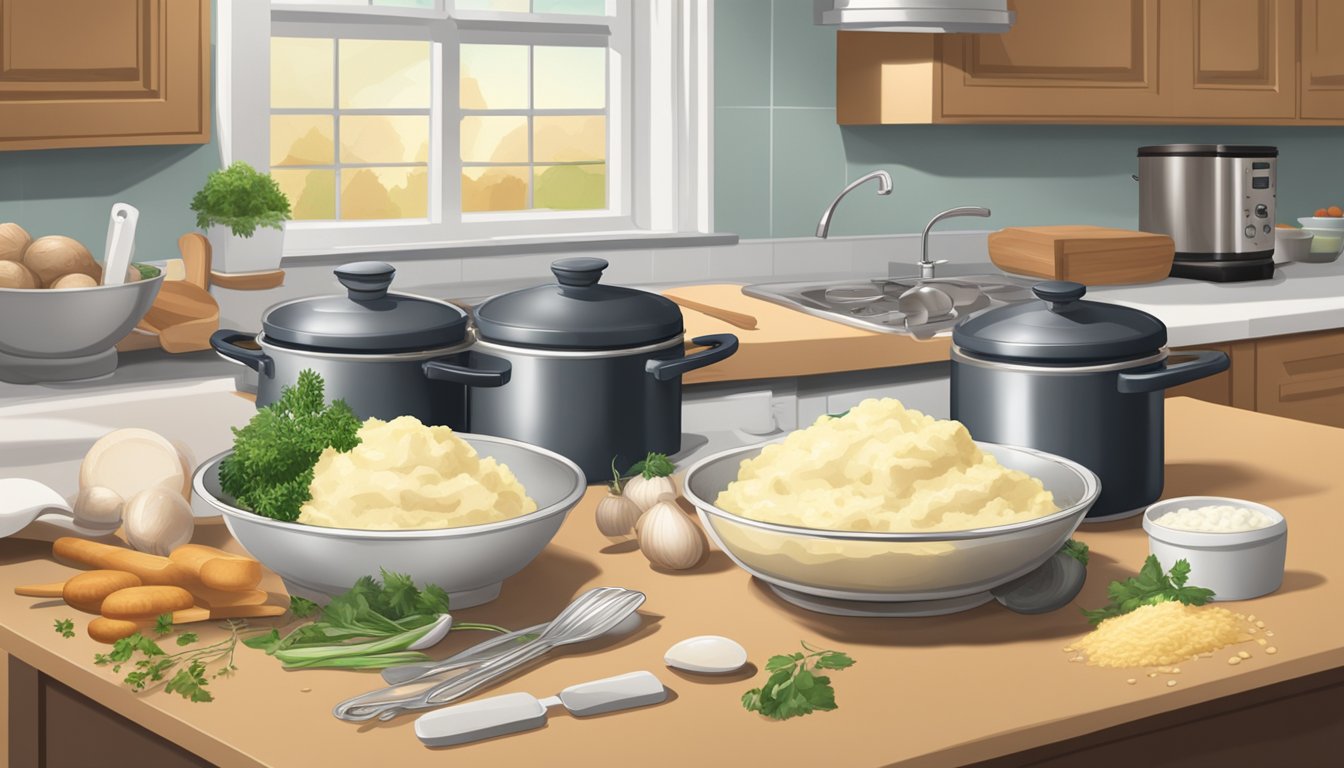 Two boxes of instant mashed potatoes sit side by side on a kitchen counter, surrounded by various cooking utensils and ingredients