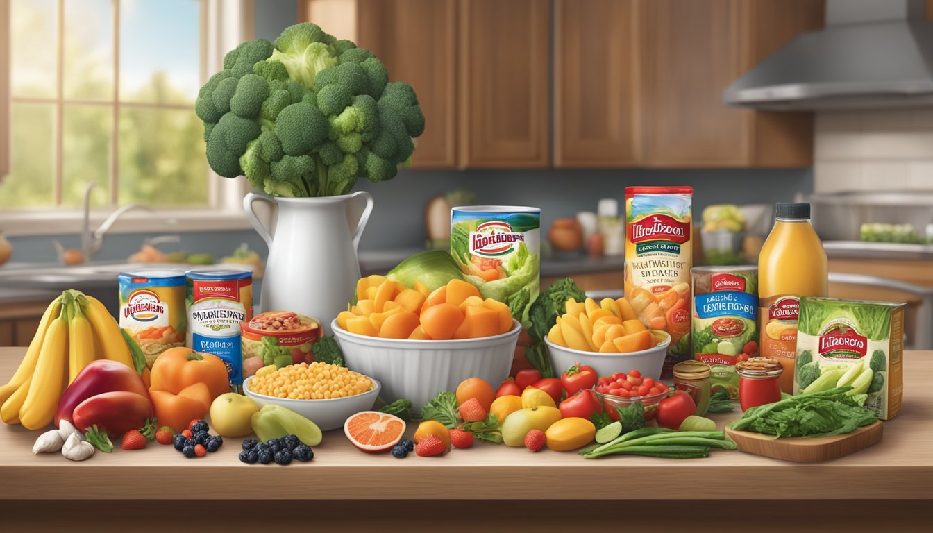 A table with Idahoan and Betty Crocker food products, surrounded by fresh vegetables and fruits