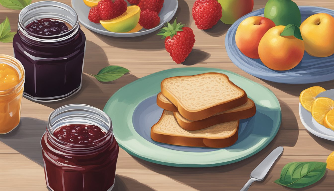 A table with jars of Smuckers and Welch's jam side by side, surrounded by fruit and toast