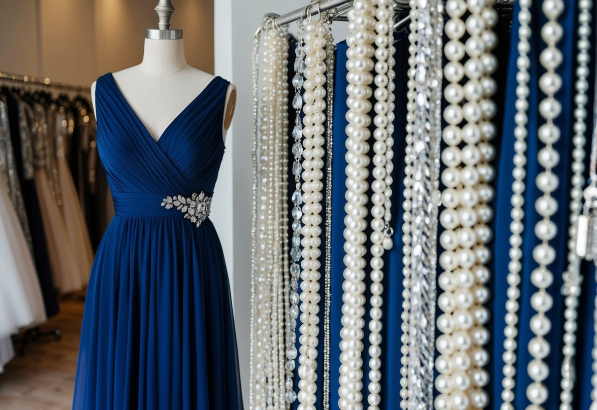 A flowing, navy blue dress hangs on a mannequin next to a rack of sparkling silver and pearl accessories