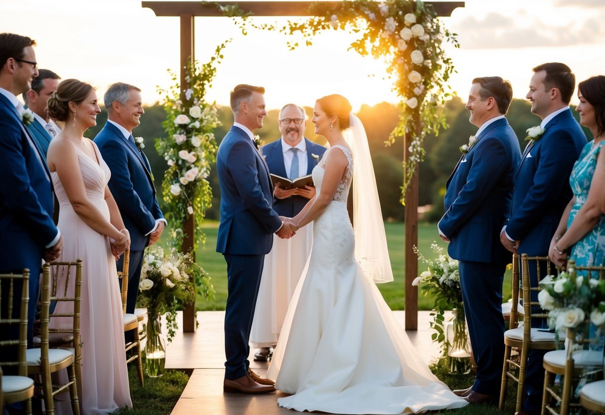 A bride and groom stand at the altar, surrounded by family and friends. The sun sets behind them as they exchange vows, marking the transition to celebration