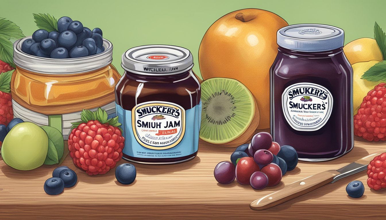 A jar of Smuckers jam and a jar of Welch's jam on a wooden cutting board, surrounded by fresh fruits and a recipe book