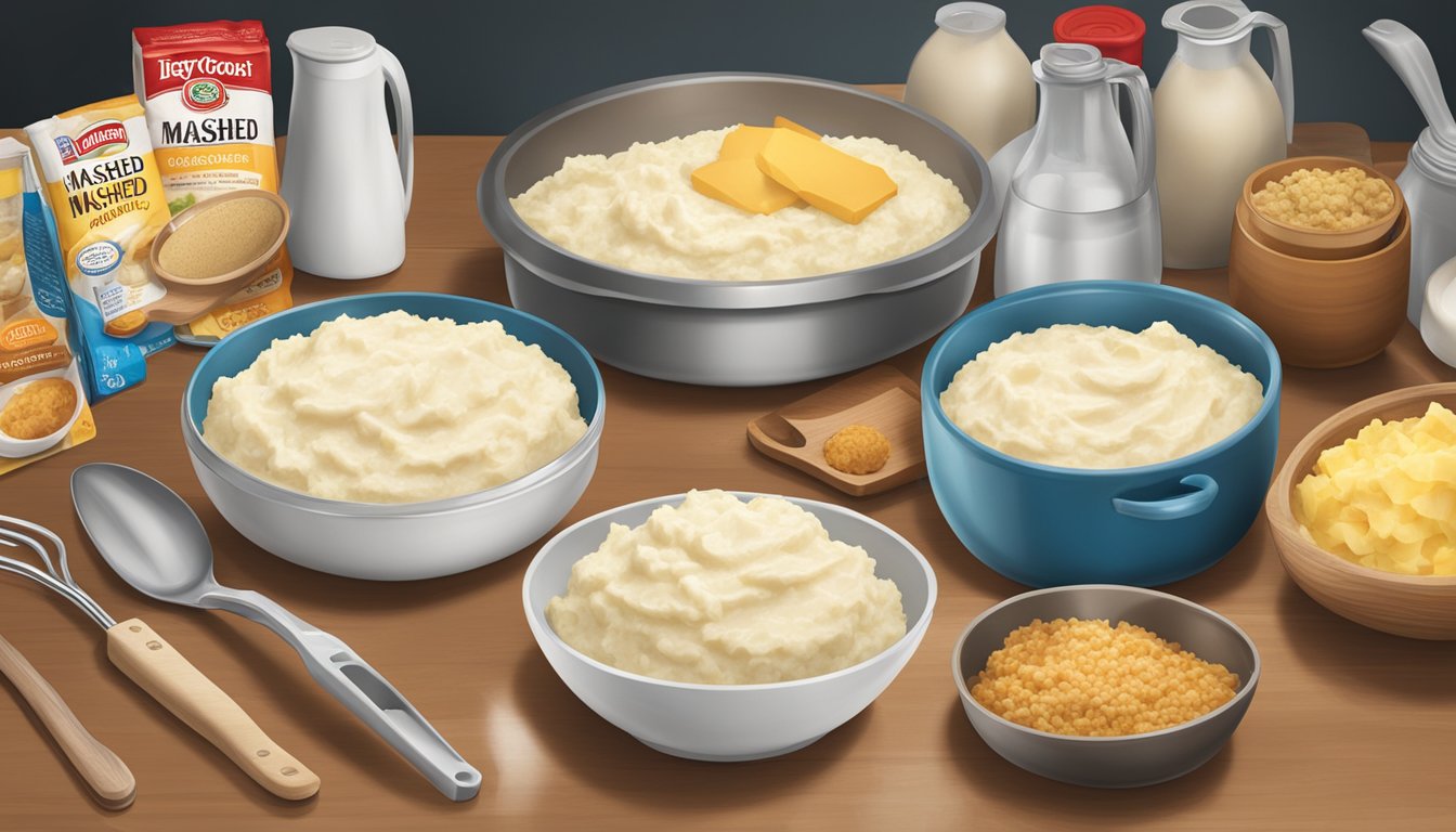 A kitchen counter with open packages of Idahoan and Betty Crocker instant mashed potatoes, surrounded by various cooking utensils and ingredients