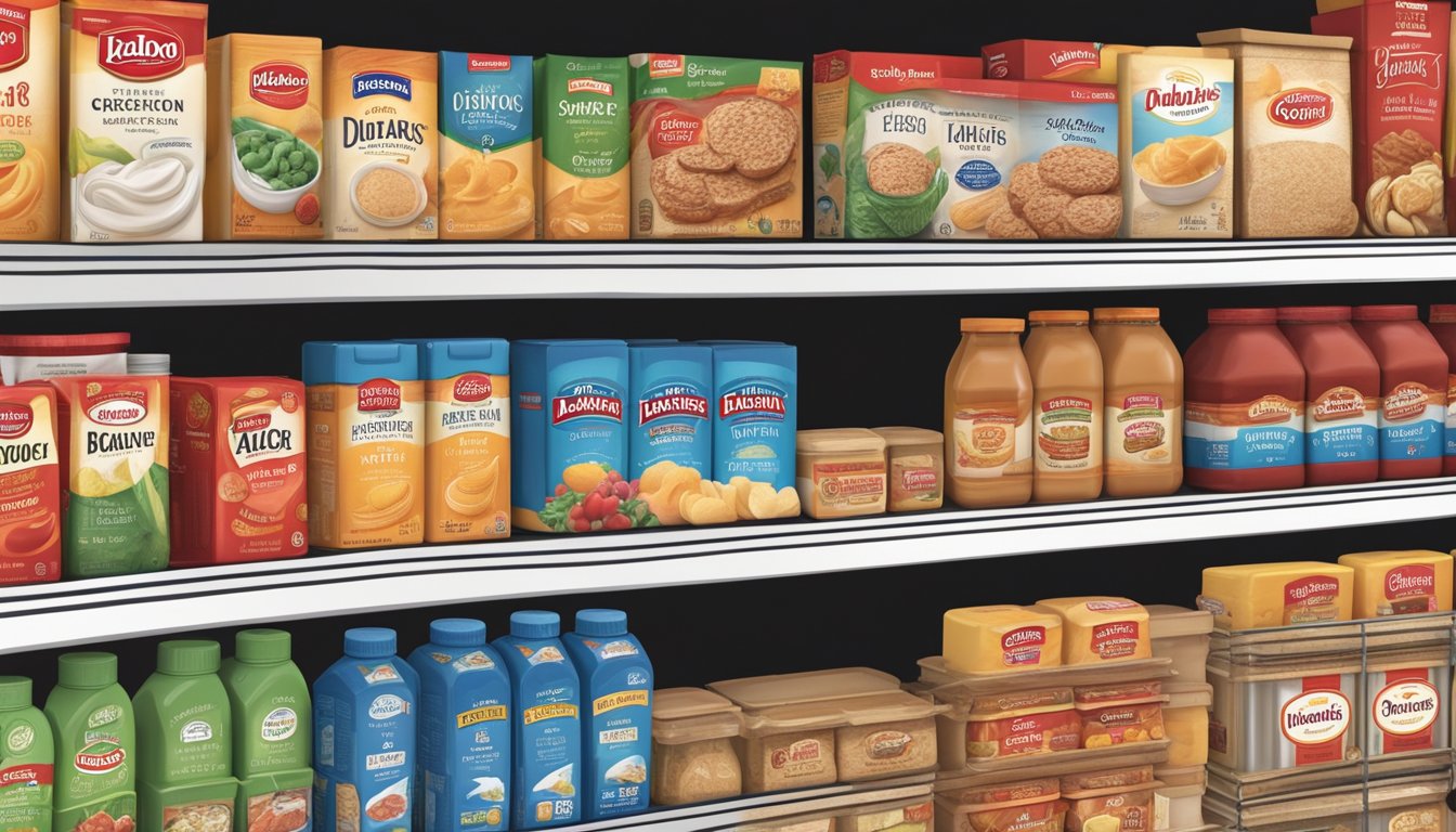 A fully stocked grocery store shelf with Idahoan and Betty Crocker products, displaying expiration dates