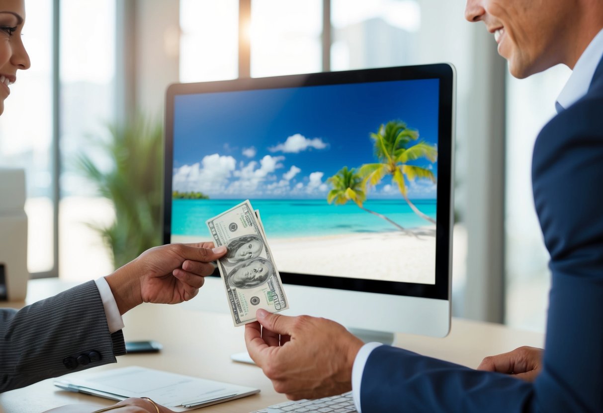 A pair of hands exchanging money with a travel agent, while a tropical beach destination is displayed on a computer screen