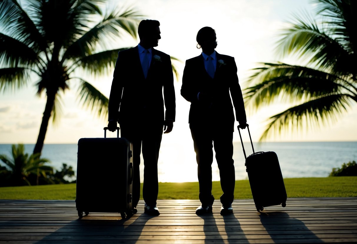 A couple's silhouette with a suitcase and tropical background, symbolizing the groom's parents paying for the honeymoon