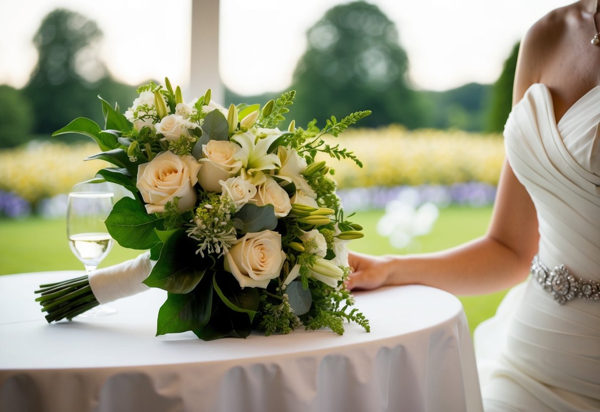 A bouquet of flowers resting on a table next to the bride at a wedding