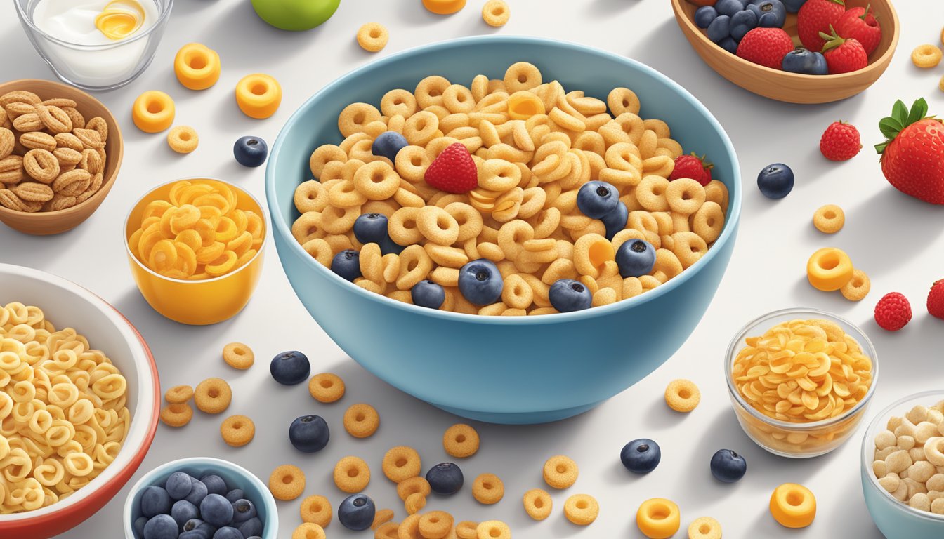 A bowl of General Mills Cheerios and Kellogg's Special K next to each other, surrounded by various fruits and a glass of milk