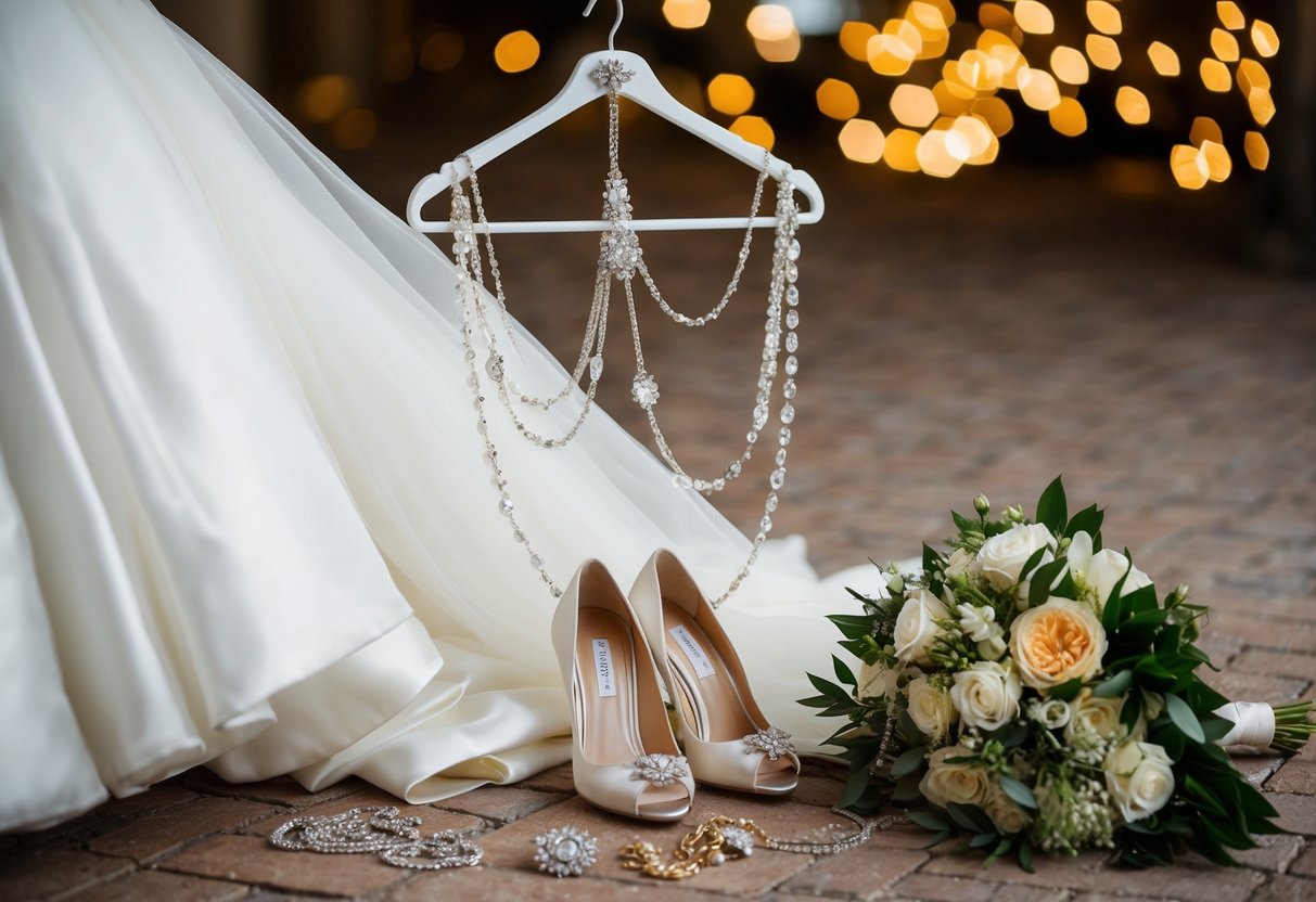 A bride's gown hangs on a decorative hanger, surrounded by scattered jewelry, a bouquet of flowers, and a pair of elegant heels