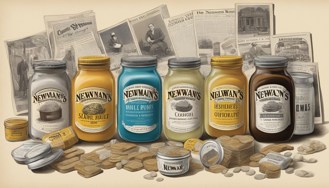 A table filled with jars of Newman's Own products, surrounded by vintage photographs and newspaper clippings showcasing the history and origins of the brand