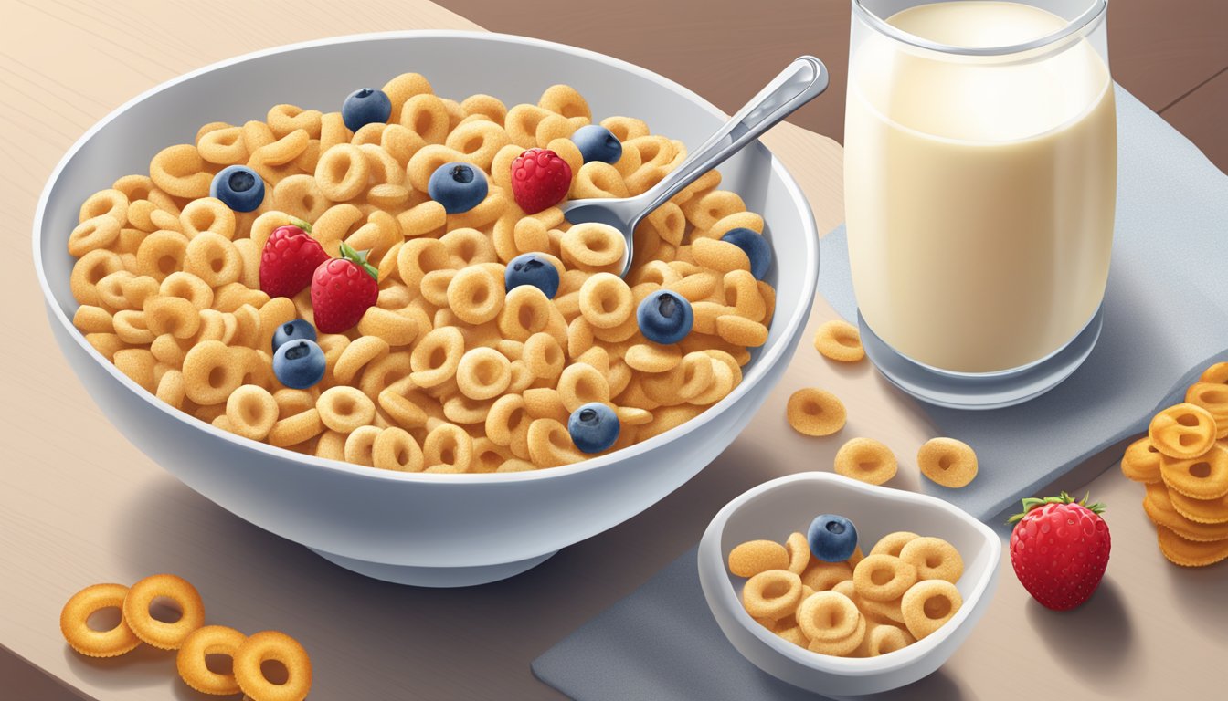 A breakfast table with a bowl of Cheerios and a bowl of Special K, surrounded by milk, fruit, and a spoon