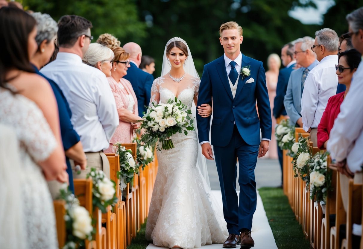 A figure in a formal attire stands beside the bride in the ceremony procession