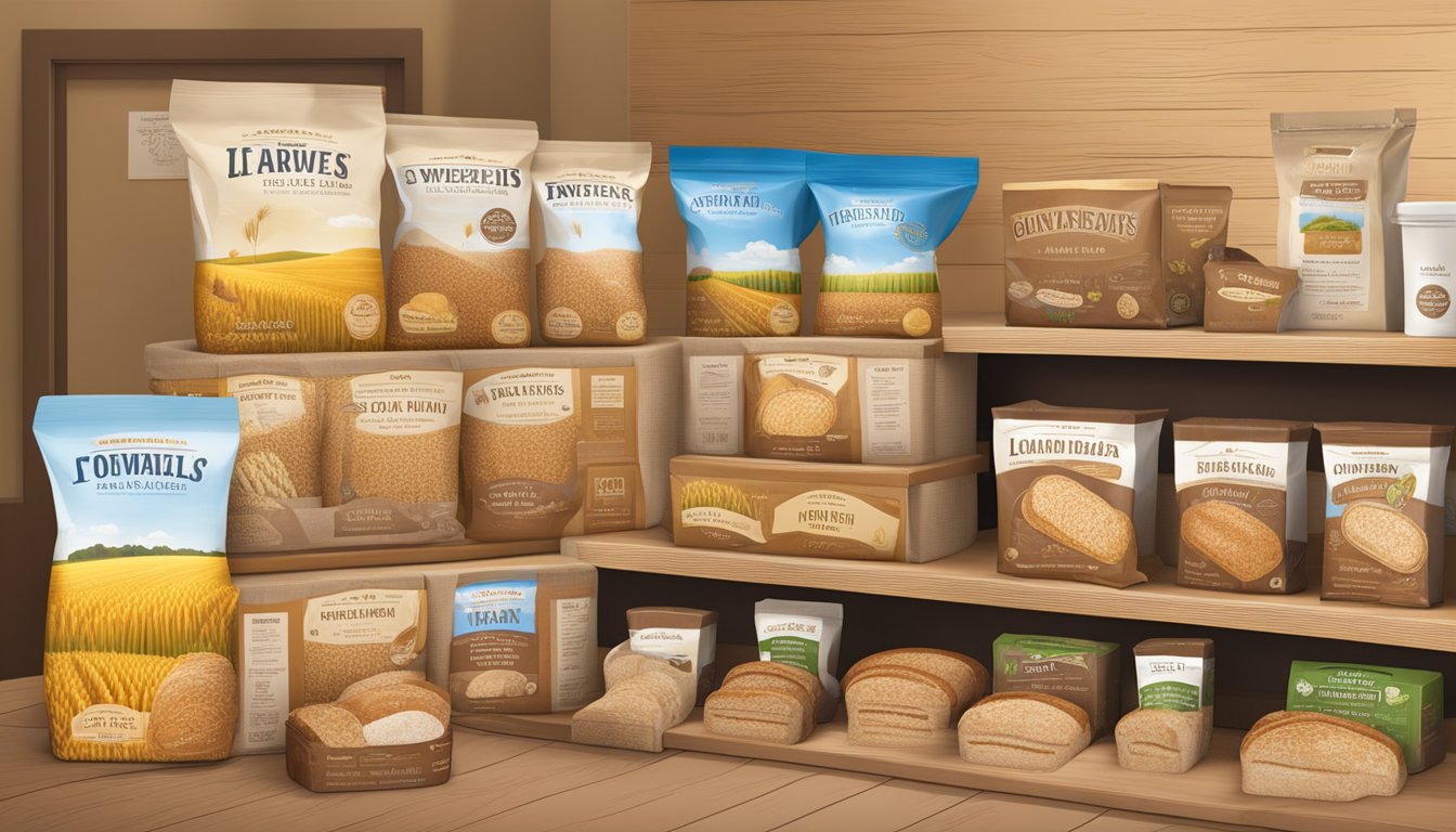 A table displays various whole grain bread loaves with distinct packaging, surrounded by images of wheat fields and nutritional information