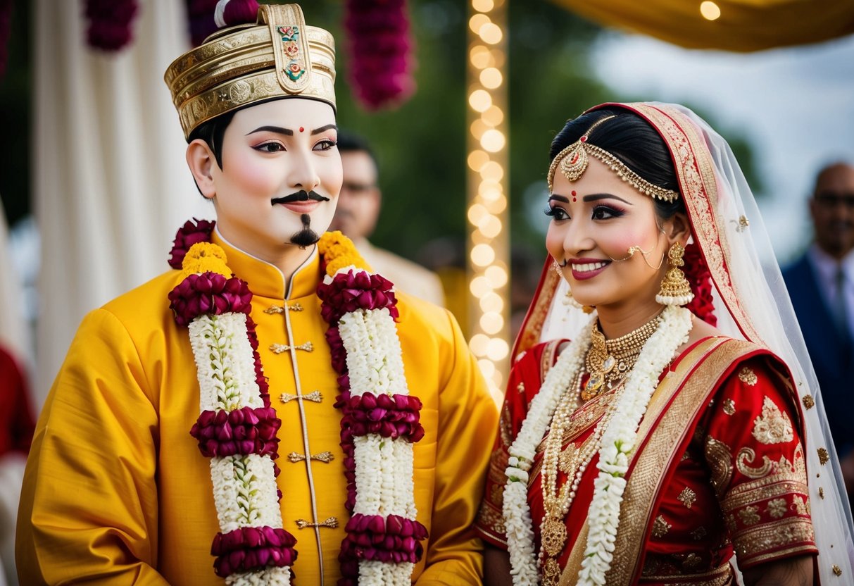 A figure in traditional attire stands beside the bride, symbolizing cultural and religious significance in a wedding