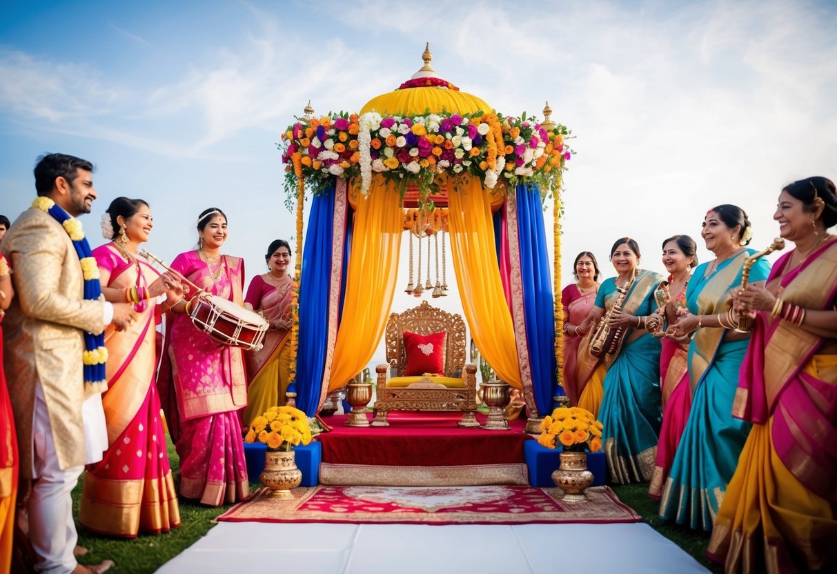 A colorful mandap adorned with flowers and traditional textiles, surrounded by joyful guests and musicians playing traditional instruments