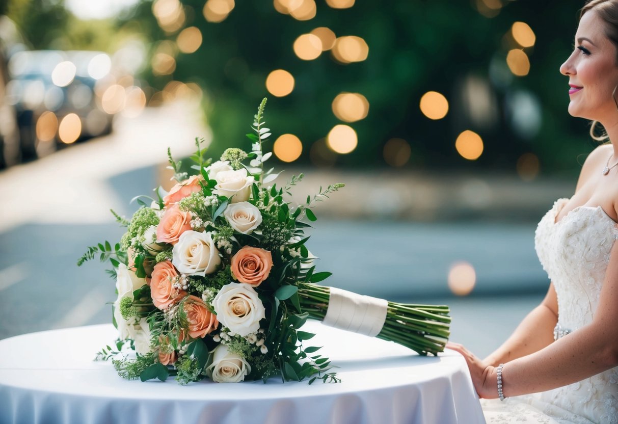 A bouquet of flowers rests on a table next to the bride