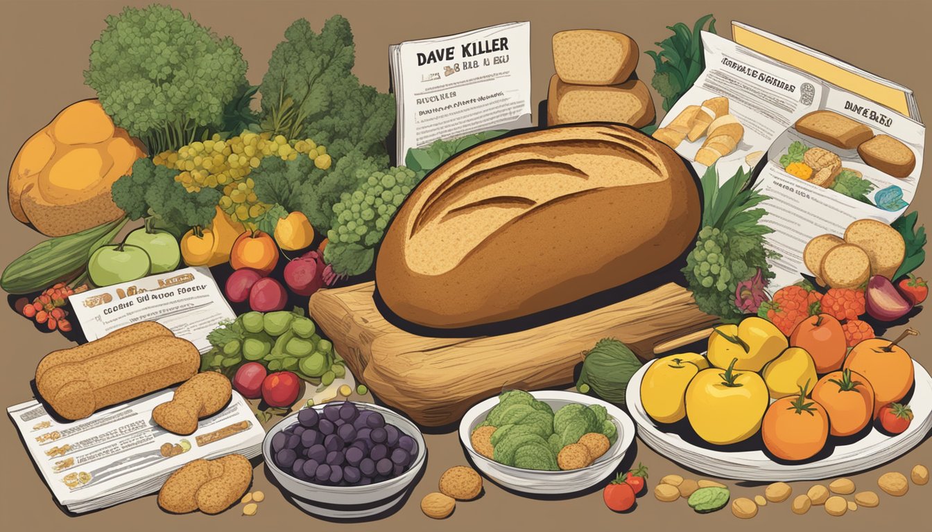 A table with two loaves of bread, one labeled "Dave's Killer Bread" and the other "Ezekiel," surrounded by various fruits, vegetables, and nutritional information