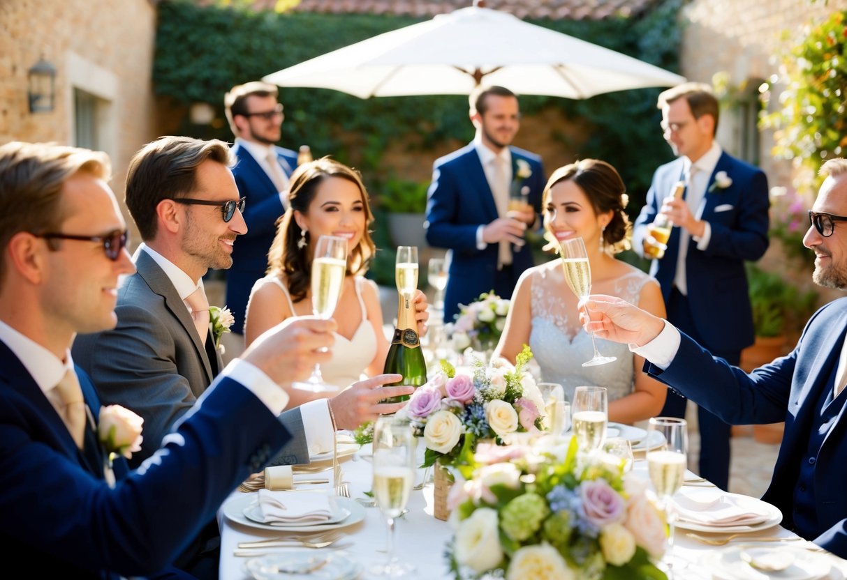Guests mingle in a sunlit courtyard, sipping champagne. Tables are adorned with floral centerpieces and delicate place settings. A string quartet plays softly in the background