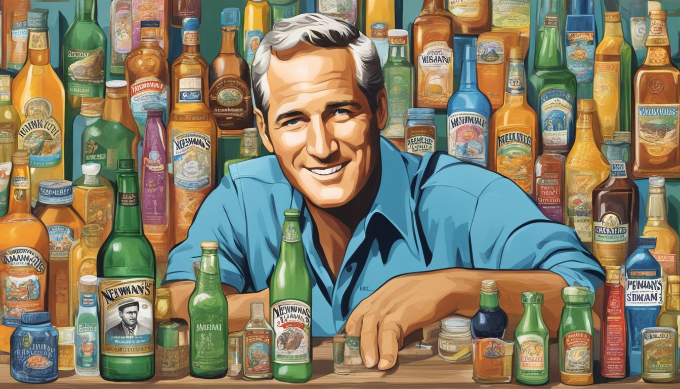 A table filled with bottles of Newman's Own products, surrounded by images of Paul Newman and charitable work