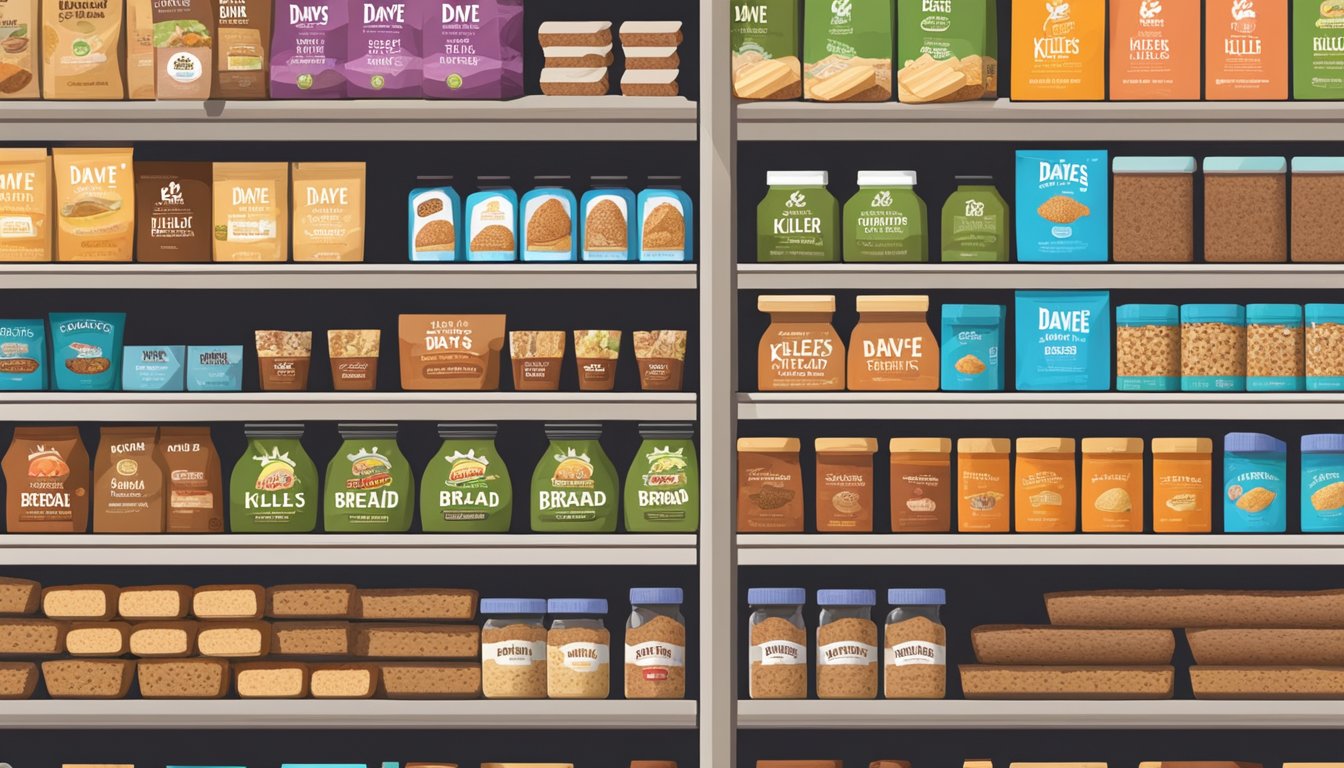 Two shelves side by side, one filled with various types of Dave's Killer Bread products and the other with a selection of Ezekiel bread options