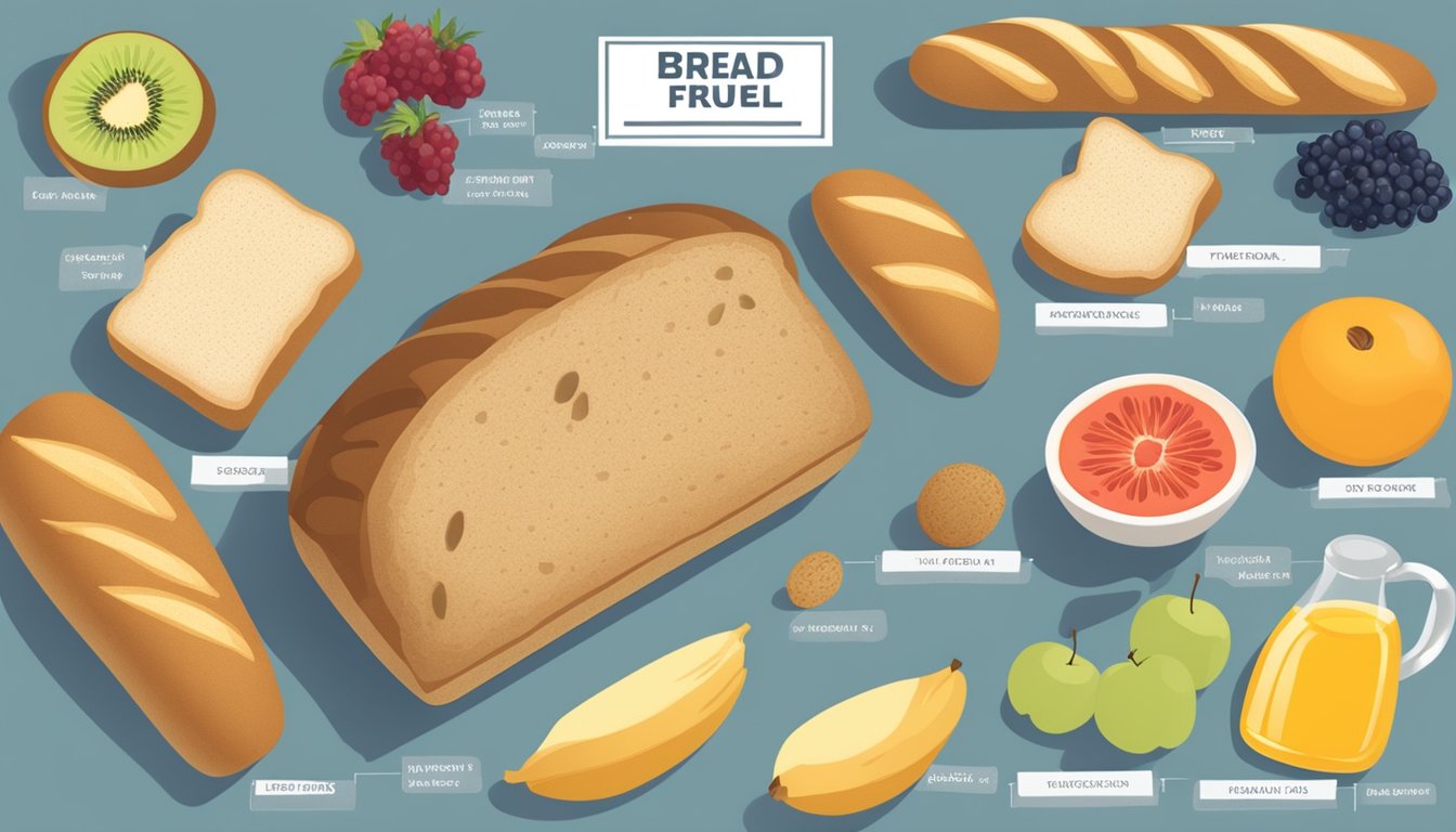 A table with two loaves of bread, various fruits, and nutritional labels spread out for comparison