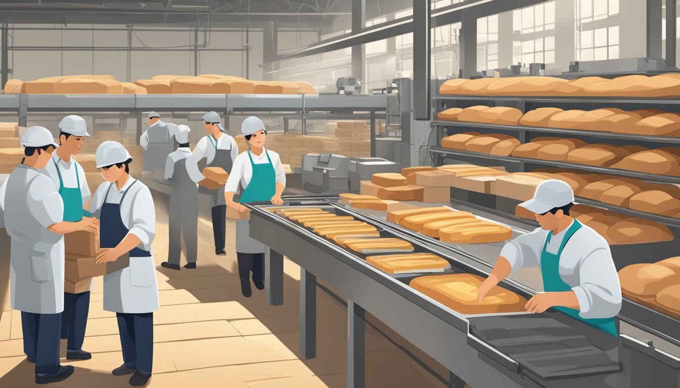 A factory floor with workers inspecting and packaging loaves of bread. Quality control equipment and certification standards displayed prominently