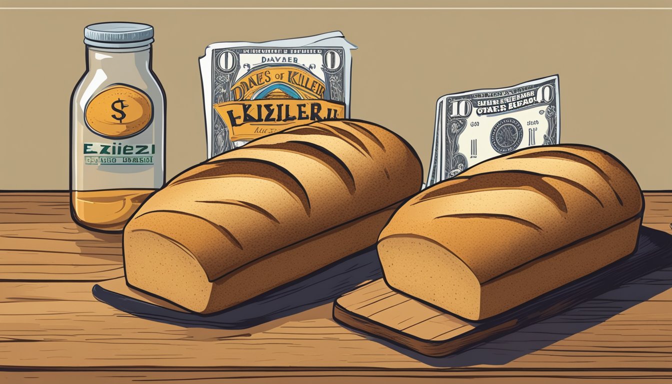 Two loaves of bread, one labeled "Dave's Killer Bread" and the other "Ezekiel," sit side by side on a wooden table. A scale with dollar signs hovers above, symbolizing price and value considerations