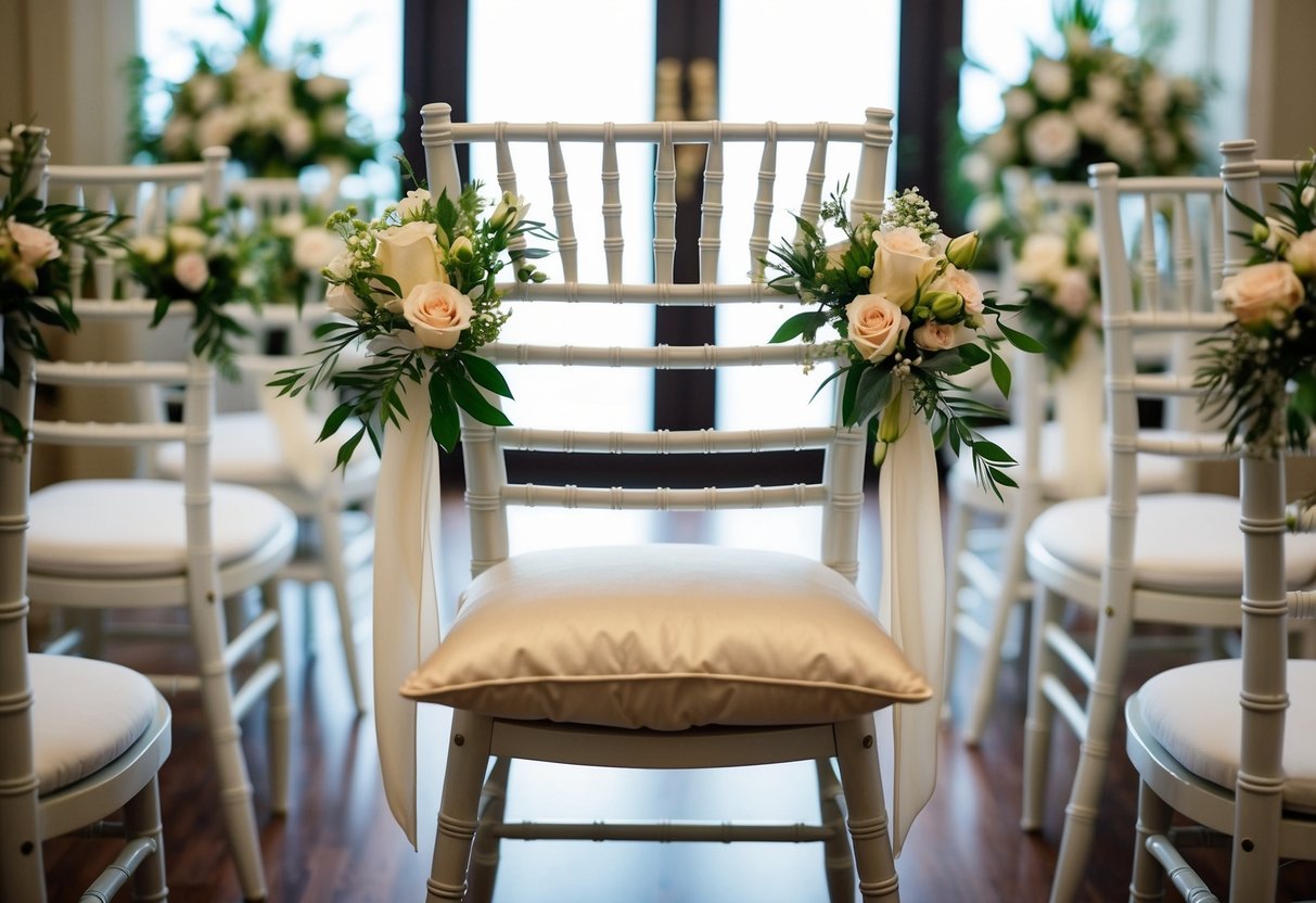 The groom's empty chair sits at the front of the wedding venue, adorned with flowers and a soft cushion, awaiting his arrival