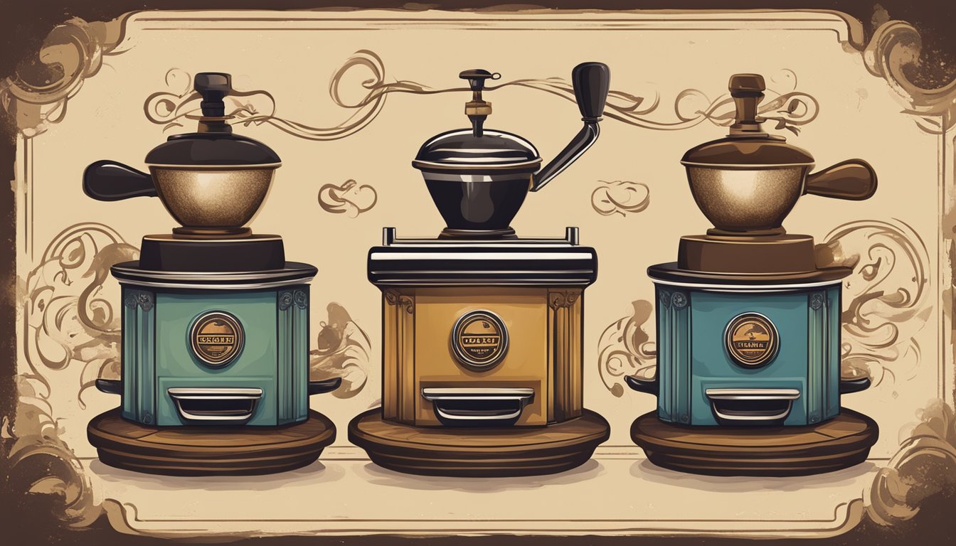 Two iconic coffee brands' logos facing each other on a vintage-style coffee shop sign, surrounded by steaming coffee cups and antique coffee grinders