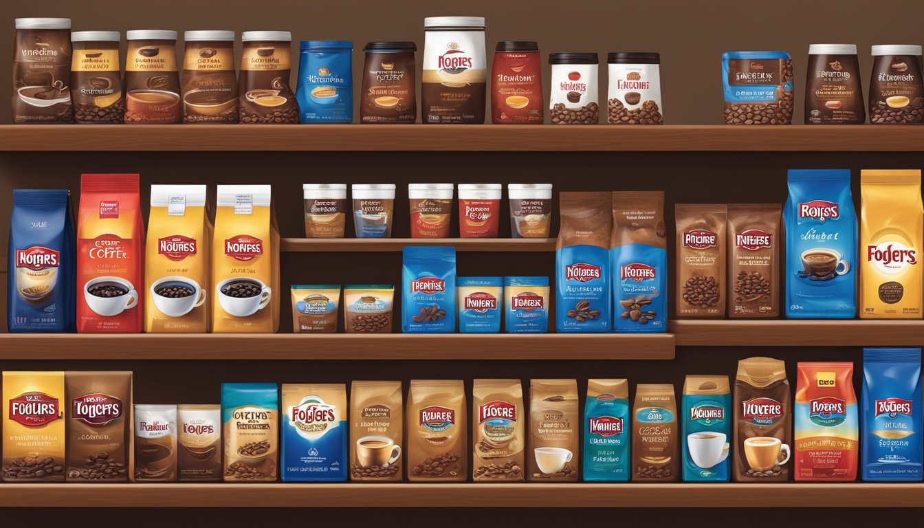 A shelf displays various coffee products from Folgers and Maxwell House, showcasing a range of coffee varieties