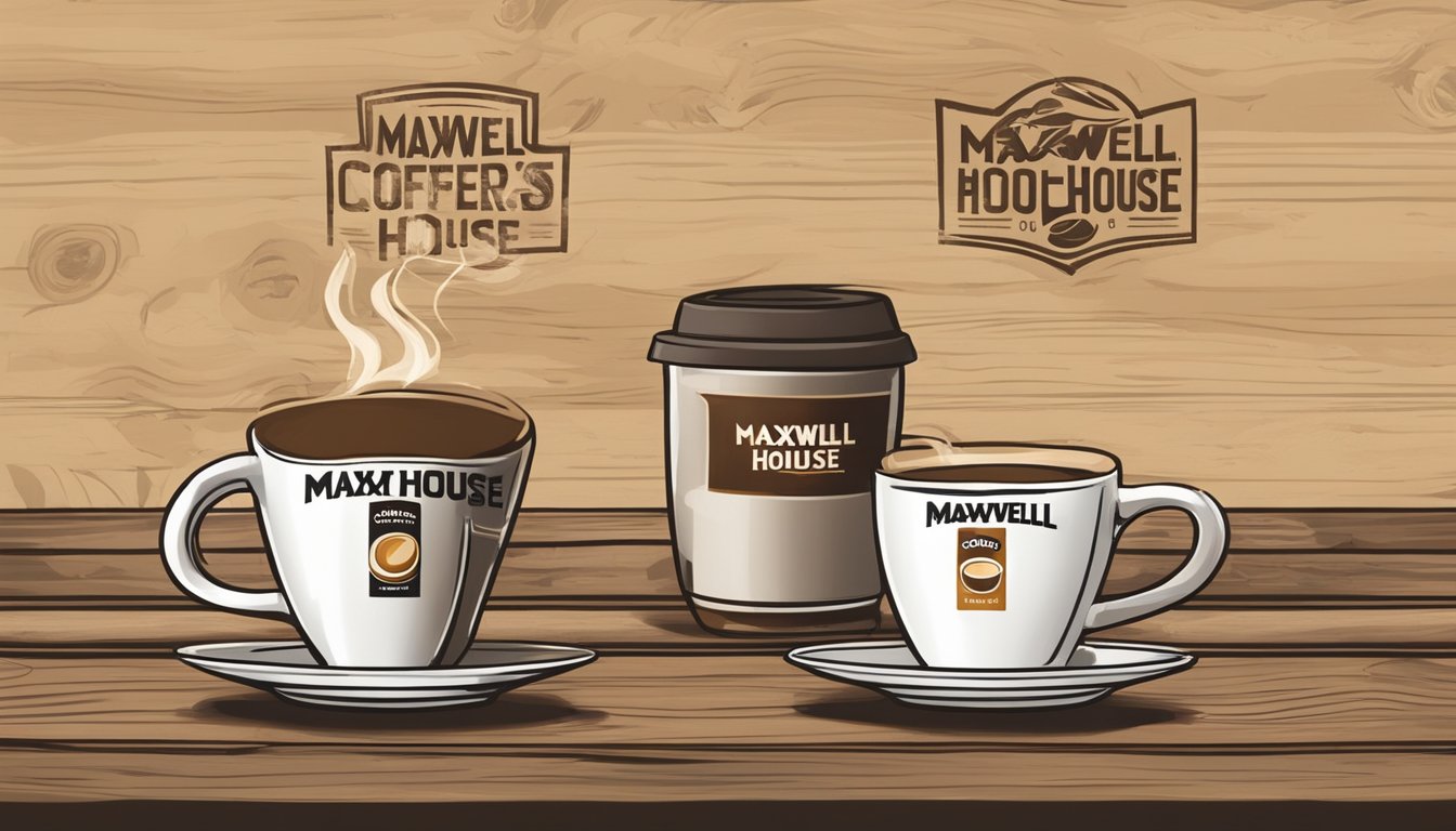 Two coffee mugs with Folgers and Maxwell House logos sit on a rustic wooden table, surrounded by coffee beans of various types and origins