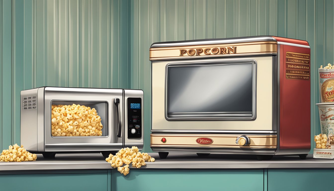 A vintage popcorn machine stands next to a modern microwave, symbolizing the historical evolution from Orville Redenbacher's traditional method to Pop Secret's convenient approach