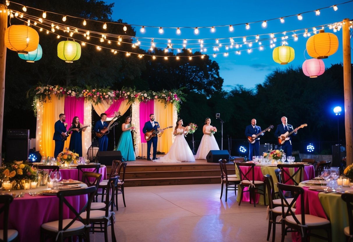 A vibrant outdoor wedding reception with colorful lanterns, fairy lights, and a live band playing on a beautifully decorated stage