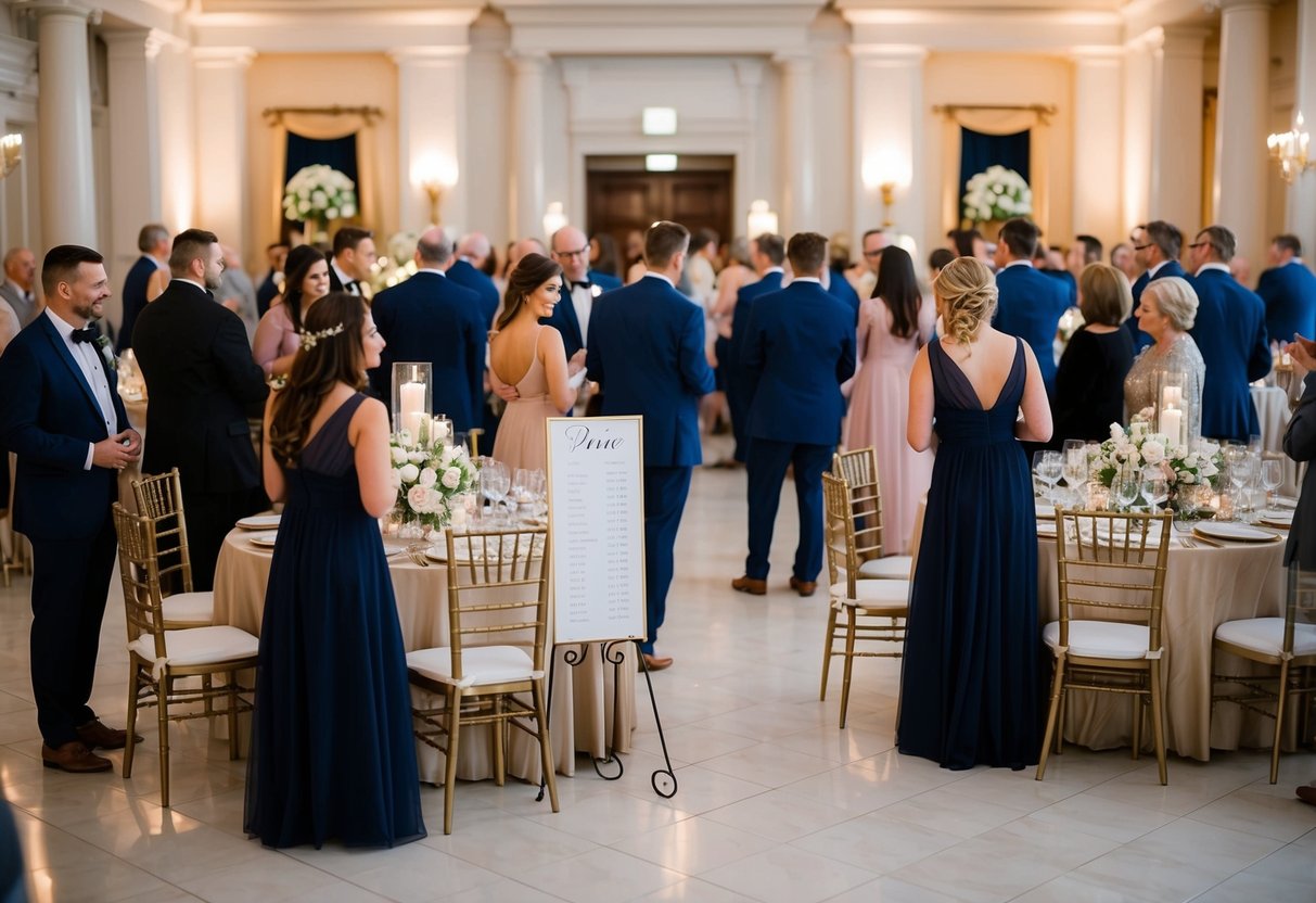 Guests gather in a grand reception hall with elegantly adorned tables. A seating chart is displayed at the entrance, indicating assigned seats