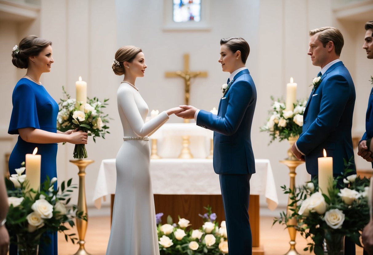 A figure stands alone at an altar, facing another figure. They exchange vows, surrounded by flowers and candles