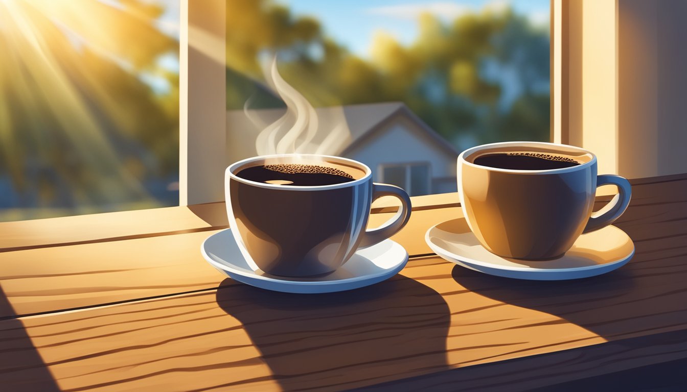 Two coffee mugs on a wooden table, each filled with dark roast coffee from Folgers and Maxwell House. Sunlight shines through a nearby window, casting a warm glow over the scene