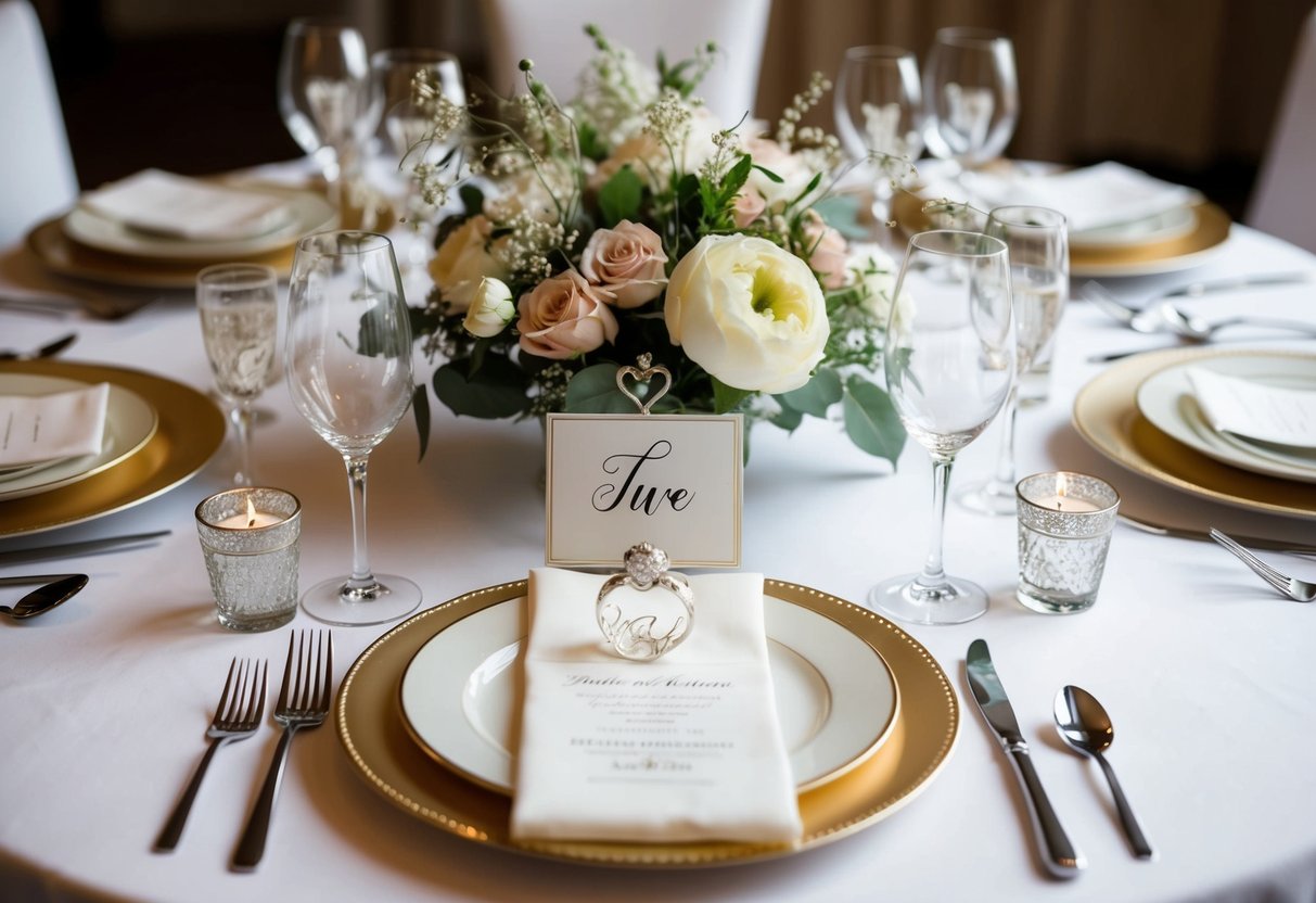 A table set with elegant place settings, adorned with personalized wedding favors and delicate floral arrangements