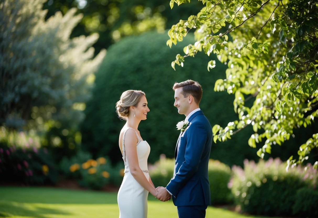 Two figures stand facing each other, surrounded by a lush garden. A gentle breeze rustles the leaves of nearby trees as they exchange vows