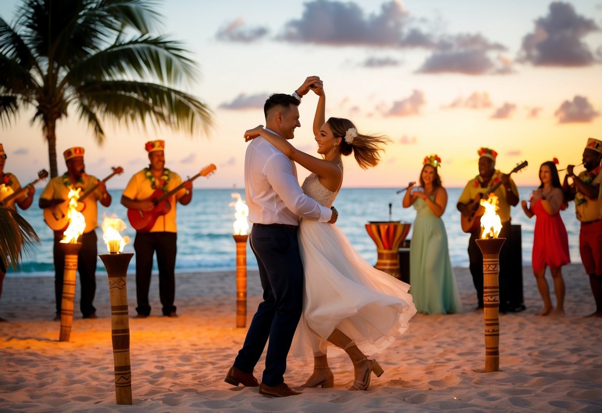 A couple dancing on a tropical beach at sunset, surrounded by tiki torches and a live band playing festive music