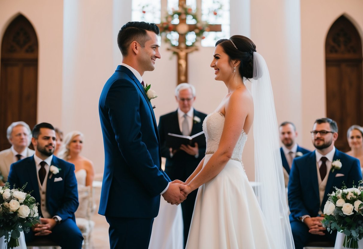 The bride and groom stand facing each other at the altar, ready to exchange vows
