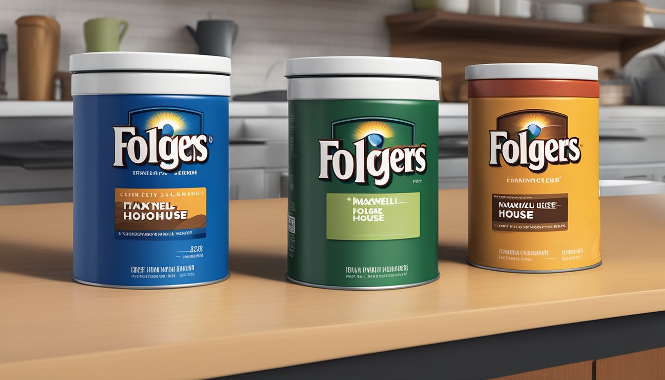 Two coffee canisters sit side by side on a kitchen counter, one labeled "Folgers" and the other "Maxwell House." The canisters are easily reachable and accessible to the viewer