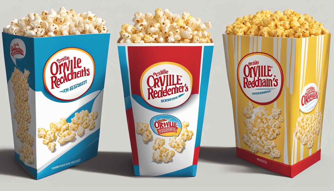 A table displays two popcorn boxes, one Orville Redenbacher's and the other Pop Secret, with their respective logos facing forward