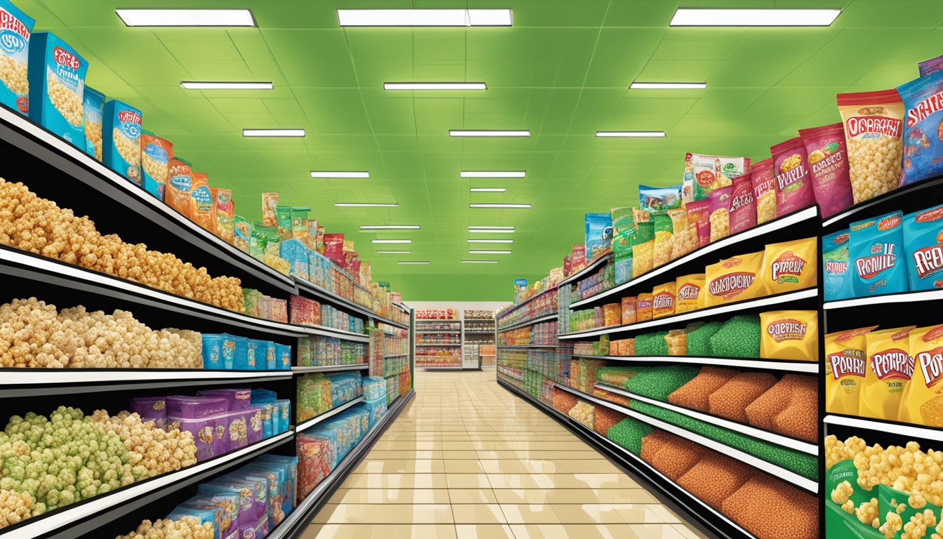 A bustling grocery store aisle with colorful popcorn packaging on display, featuring Orville Redenbacher's and Pop Secret brands side by side