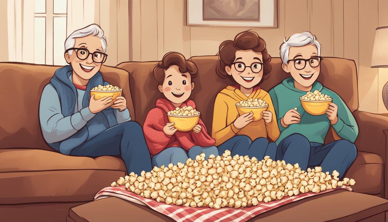 A family movie night with two bowls of popcorn, one labeled "Orville Redenbacher's" and the other "Pop Secret," surrounded by smiling faces and cozy blankets