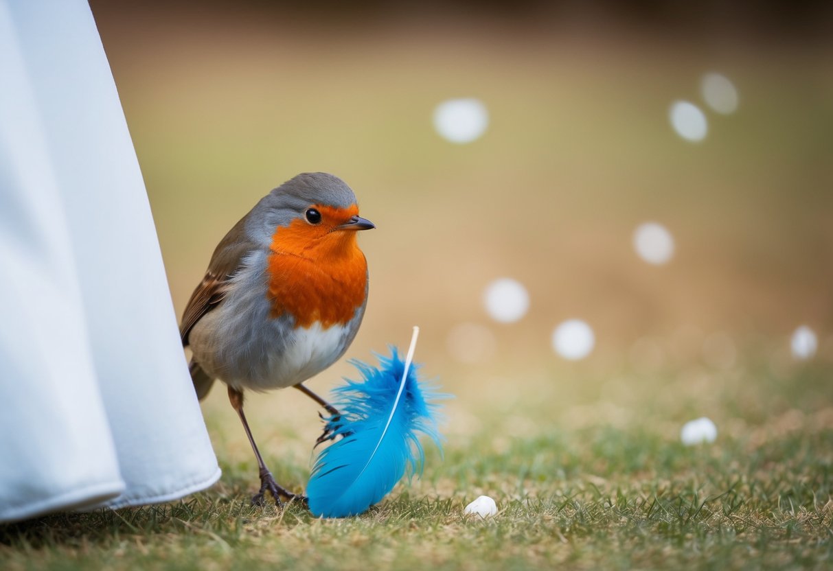A robin drops a small blue feather at the bride's feet