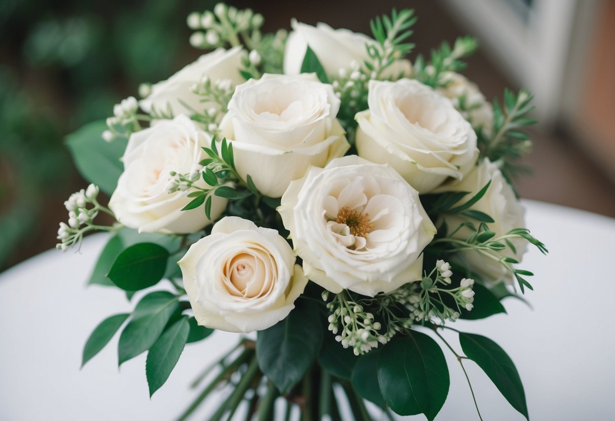 A delicate bouquet of white roses and greenery